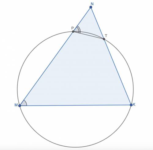 Окружность проходит через вершины M и K треугольника MKN, сторону MN пересекает в точке P, а сторону