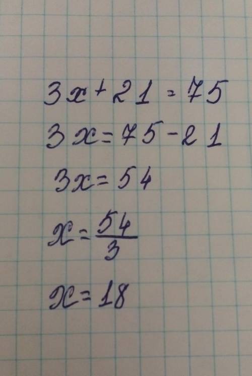 Реши уравнение 3x+21=75​