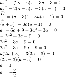 ax^2-(2a+6)x+3a+3=0\\ax^2-2(a+3)x+3(a+1)=0\\\dfrac{D}{4}=(a+3)^2-3a(a+1)=0\\(a+3)^2-3a(a+1)=0\\a^2+6a+9-3a^2-3a=0\\-2a^2+3a+9=0\\2a^2-3a-9=0\\2a^2+3a-6a-9=0\\a(2a+3)-3(2a+3)=0\\(2a+3)(a-3)=0\\a=3\\a=-\dfrac{3}{2}