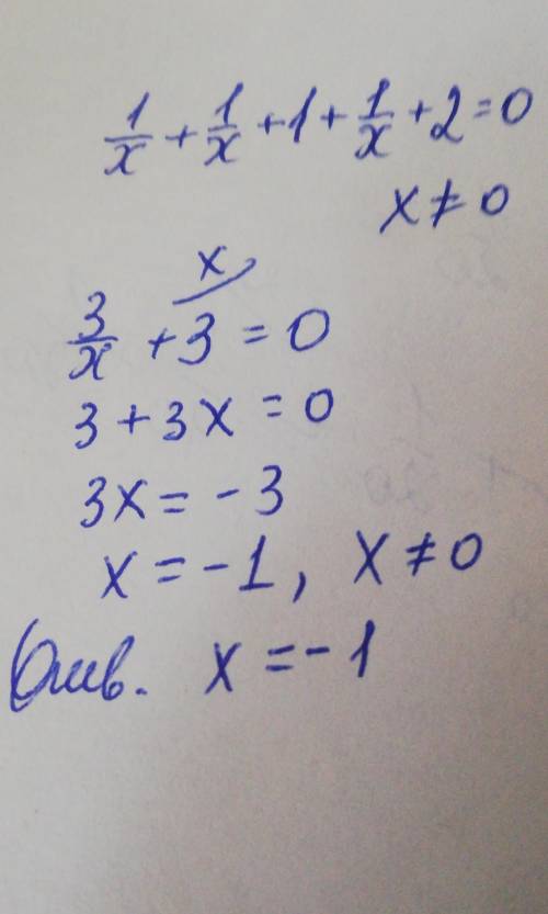 Найти сумму корней или корень (если он единственный) уравнения 1/x+1/x+1+1/x+2=0