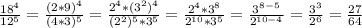 \frac{18^{4}}{12^5}=\frac{(2*9)^{4}}{(4*3)^5}=\frac{2^4*(3^2)^4}{(2^2)^5*3^5}= \frac{2^4*3^8}{2^{10}*3^5}=\frac{3^{8-5} }{2^{10-4} }=\frac{3^3}{2^6}=\frac{27}{64}