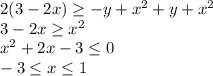 2(3-2x)\geq -y+x^2+y+x^2\\3-2x\geq x^2\\x^2+2x-3\leq 0\\-3\leq x\leq 1