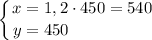 \displaystyle \left \{ {{x = 1,2 \cdot 450 = 540 \ \ } \atop {y = 450 \ \ \ \ \ \ \ \ \ \ \ \ \ \ \ \ \ }} \right.