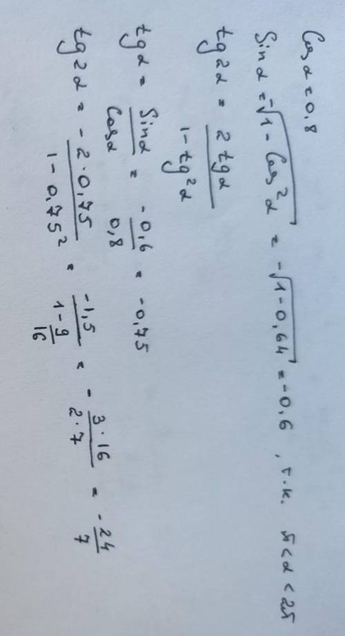Найти тангенс 2 а, если косинус а равен 0.8 и п меньше А меньше 2п