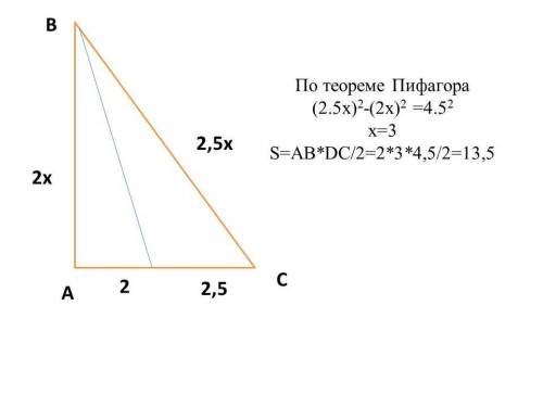В прямоугольном треугольнике биссектриса острого угла делит катет на отрезки 2 см и 2,5 см. Найдите