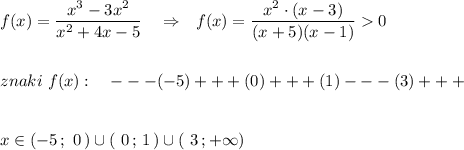 f(x)=\dfrac{x^3-3x^2}{x^2+4x-5}\ \ \ \Rightarrow \ \ f(x)=\dfrac{x^2\cdot (x-3)}{(x+5)(x-1)}0\\\\\\znaki\ f(x):\ \ \ ---(-5)+++(0)+++(1)---(3)+++\\\\\\x\in (-5\, ;\ 0\, )\cup (\ 0\, ;\, 1\, )\cup (\ 3\, ;+\infty )