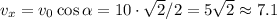 v_x = v_0\cos\alpha = 10\cdot\sqrt{2}/2 = 5\sqrt{2} \approx 7.1