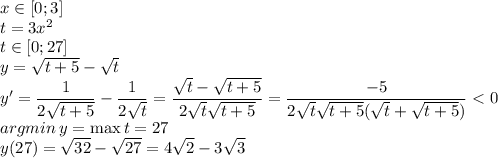 x \in [0; 3]\\t=3x^2\\t \in [0; 27]\\y=\sqrt{t+5}-\sqrt t\\y'=\dfrac{1}{2\sqrt {t+5}}-\dfrac{1}{2\sqrt t}= \dfrac{\sqrt t - \sqrt {t+5}}{2\sqrt t \sqrt {t+5}}= \dfrac{-5}{2\sqrt t \sqrt {t+5}(\sqrt t + \sqrt{t+5})}