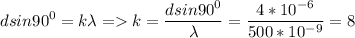 \displaystyle dsin90^0=k\lambda = k=\frac{dsin90^0}{\lambda}=\frac{4*10^{-6}}{500*10^{-9}}=8