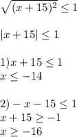 \sqrt{(x+15)^2}\leq1\\\\|x+15|\leq 1\\\\1)x+15\leq1\\x\leq-14\\ \\2)-x-15\leq 1\\x+15\geq-1\\ x\geq -16
