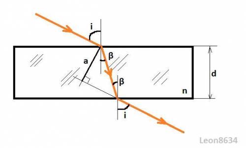 Луч света падает на плоскопараллельную стеклянную пластинку под углом i=600. Толщина пластинки 39 мм