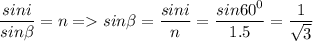 \displaystyle \frac{sin i}{sin\beta} =n = sin\beta =\frac{sini}{n}=\frac{sin60^0}{1.5}=\frac{1}{\sqrt{3} }
