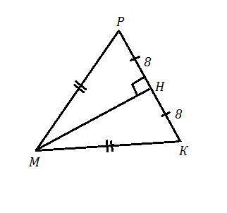 В треугольнике MPK MP = PK, а высота MH делит сторону PK на отрезки PH = 8 и HK = 8. Найдите cos угл