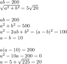ab = 200\\\sqrt{a^2+b^2} = 5\sqrt{20}\\\\ab = 200\\a^2+b^2 = 500\\a^2-2ab+b^2 = (a-b)^2 = 100\\a-b = 10\\\\a(a-10) = 200\\a^2-10a-200=0\\a = 5 + \sqrt{225} = 20