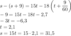 s-(s+9)=15t-18\left(t+\dfrac{9}{60}\right)\\-9=15t-18t-2{,}7\\-3t=-6{,}3\\t=2{,}1\\s=15t=15 \cdot 2{,}1=31{,}5