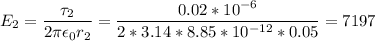 \displaystyle E_2=\frac{\tau_2}{2\pi \epsilon_0r_2}=\frac{0.02*10^{-6}}{2*3.14*8.85*10^{-12}*0.05}=7197