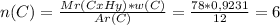 n(C)=\frac{Mr(CxHy)*w(C)}{Ar(C)} =\frac{78*0,9231}{12} =6