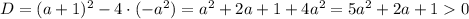 D=(a+1)^2-4\cdot(-a^2)=a^2+2a+1+4a^2=5a^2+2a+1 0
