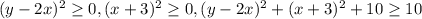 (y-2x)^2 \geq 0, (x+3)^2\geq 0, (y-2x)^2+(x+3)^2+10\geq 10
