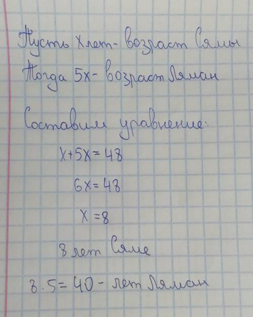 Ляман старше Сямы в 5 раз . Сейчас сумма их возрастов равна 48-и . Сколько лет каждой из девочек ? о