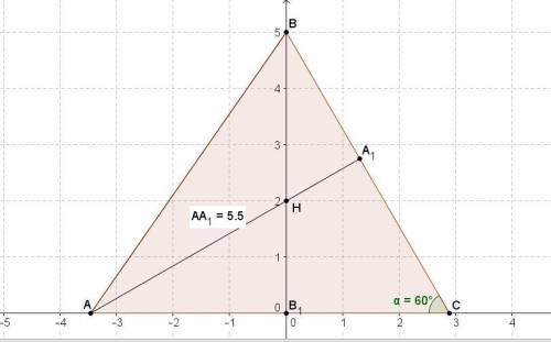 Угол ACB треугольника ABC равен 60°. Высоты AA 1 и BB1 пересекаются в точке H, BH = 3, HB1=2. Чему р