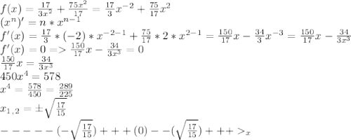 f(x) = \frac{17}{3x^2} + \frac{75x^2}{17} = \frac{17}{3}x^{-2} + \frac{75}{17}x^2\\(x^n)' = n*x^{n-1}\\f'(x) = \frac{17}{3}*(-2)*x^{-2-1} + \frac{75}{17}*2*x^{2-1} = \frac{150}{17}x - \frac{34}{3}x^{-3} = \frac{150}{17}x - \frac{34}{3x^3}\\ f'(x) = 0 = \frac{150}{17}x - \frac{34}{3x^3} = 0\\\frac{150}{17}x = \frac{34}{3x^3}\\450x^4 = 578\\x^4 = \frac{578}{450} = \frac{289}{225}\\x_1_,_2 = \pm\sqrt{\frac{17}{15} }\\-----(-\sqrt{\frac{17}{15} })+++(0)--(\sqrt{\frac{17}{15} })+++_x\\