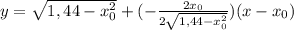 y = \sqrt{1,44-x_0^{2} } +(-\frac{2x_0}{2\sqrt{1,44-x_0^{2}} } )(x-x_0)