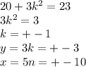 20 +3k^2 = 23\\3k^2=3\\k=+-1\\y=3k =+-3\\x=5n=+-10