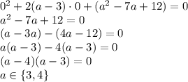 0^2+2(a-3)\cdot0+(a^2-7a+12)=0\\a^2-7a+12=0\\(a-3a)-(4a-12)=0\\a(a-3)-4(a-3)=0\\(a-4)(a-3)=0\\a\in\{3, 4\}