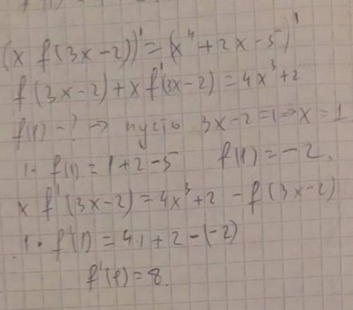 Пр66) Если для функции y=f(x) выполняется равенство xf(3x-2)= x^4+2x-5 , то найдите значение f'(1) .