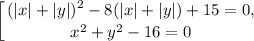 \displaystyle\left [ {{(|x|+|y|)^2-8(|x|+|y|)+15=0,} \atop {x^2+y^2-16=0}} \right.