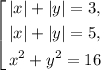 \left[\begin{gathered}|x|+|y|=3,\\|x|+|y|=5,\\ x^2+y^2=16\end{gathered}\right.