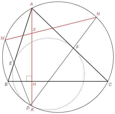 Окружность касается описанной окружности ω треугольника ABC внутренним образом в точке D, а отрезков