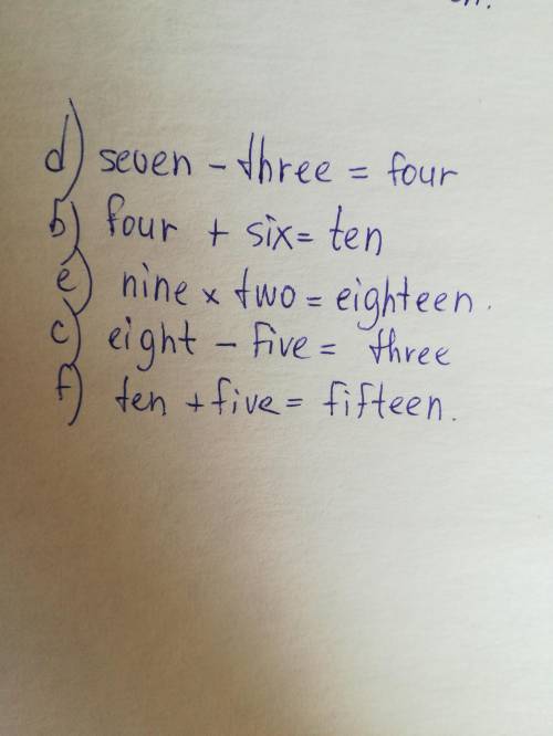 Numbers 5 Write the calculations as words.a one + eight = ninea) 1 + 8 =d) 7 - 3 =b) 4 + 6 = e) 9 x