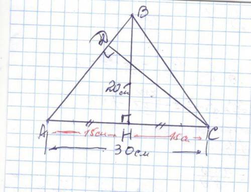 В равнобедренном треугольнике длина основания равна 30 см, длина высоты, проведенной к основанию, —