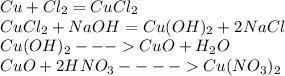 Cu+Cl_{2} =CuCl_{2}\\CuCl_{2}+NaOH=Cu(OH)_{2} +2NaCl\\Cu(OH)_{2}--- CuO+H_{2}O\\CuO+2HNO_{3} ---- Cu(NO_{3} )_{2}