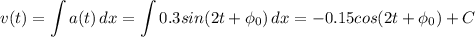 \displaystyle v(t)=\int {a(t)} \, dx =\int {0.3sin(2t+\phi_0)} \, dx=-0.15cos(2t+\phi_0)+C