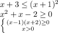 x+3 \leq (x+1)^2\\x^2+x-2\geq 0\\\left \{ {{(x-1)(x+2)\geq 0\\} \atop {x0}} \right.