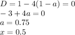 D=1 -4(1-a) = 0\\-3+4a=0\\a=0.75\\x=0.5