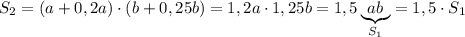 S_2=(a+0,2a)\cdot (b+0,25b)=1,2a\cdot 1,25b=1,5\underbrace {ab}_{S_1}=1,5\cdot S_1