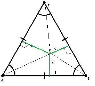 Внутри правильного треугольника со стороной выбрана произвольная точка . Чему равна сумма расстояний
