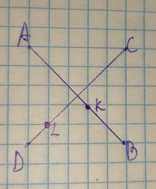 Начертите две пересекающиеся прямые AB и CD отметьте точку K лежащую на прямой AB и точку L лежащую