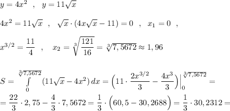 y=4x^2\ \ ,\ \ y=11\sqrt{x}\\\\4x^2=11\sqrt{x}\ \ ,\ \ \sqrt{x}\cdot (4x\sqrt{x}-11)=0\ \ ,\ \ x_1=0\ \ ,\\\\x^{3/2}=\dfrac{11}{4}\ \ ,\ \ \ x_2=\sqrt[3]{\dfrac{121}{16}}=\sqrt[3]{7,5672}\approx 1,96\\\\\\S=\int\limits_0^{\sqrt[3]{7,5672}}\, (11\sqrt{x}-4x^2)\, dx=\Big(11\cdot \dfrac{2x^{3/2}}{3}-\dfrac{4x^3}{3}\Big)\Big|_0^{\sqrt[3]{7,5672}}=\\\\=\dfrac{22}{3}\cdot 2,75-\dfrac{4}{3}\cdot 7,5672=\dfrac{1}{3}\cdot \Big(60,5-30,2688\Big)=\dfrac{1}{3}\cdot 30,2312=