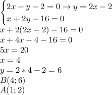 \displaystyle\begin{cases}2x-y-2=0\to y=2x-2\\x+2y-16=0\end{cases}\\x+2(2x-2)-16=0\\x+4x-4-16=0\\5x=20\\x=4\\y=2*4-2=6\\B(4;6)\\A(1;2)