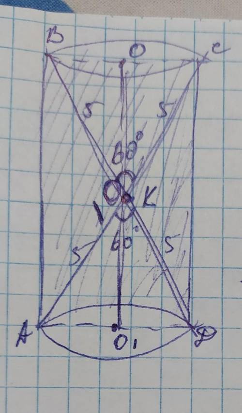 діагональ осьового перерізу циліндра має довжину 10 см, а кут між його діагоналями 60 градусів. Знай