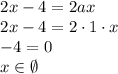 \[\begin{array}{l}2x - 4 = 2ax\\2x - 4 = 2 \cdot 1 \cdot x\\ - 4 = 0\\x \in \emptyset \end{array}\]