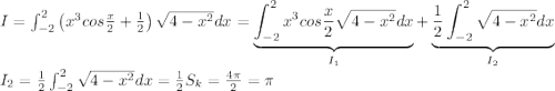 I=\int_{-2}^{2}\left ( x^3cos\frac{x}{2}+\frac{1}{2} \right )\sqrt{4-x^2}dx=\underbrace{\int_{-2}^{2}x^3cos\frac{x}{2}\sqrt{4-x^2}dx}_{I_1}+\underbrace{\frac{1}{2}\int_{-2}^{2}\sqrt{4-x^2}dx}_{I_2}\\I_2=\frac{1}{2}\int_{-2}^{2}\sqrt{4-x^2}dx=\frac{1}{2}S_k=\frac{4\pi}{2}=\pi