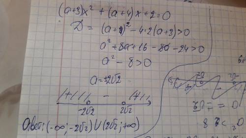 Найдите все значения числа а, при которых уравнение (а + 3)х2 + (а + 4) x + 2 = 0 имеет два корня.