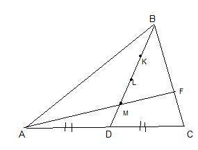 Точки K,L,M ділять медіану трикутника АВС на 4 рівні частини (ВК=КL=LM=MD). AM перетинає ВС у точці
