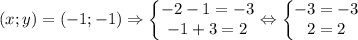 \left ( x;y \right )=\left ( -1;-1 \right )\Rightarrow \left\{\begin{matrix}-2-1=-3\\ -1+3=2\end{matrix}\right.\Leftrightarrow \left\{\begin{matrix}-3=-3\\ 2=2\end{matrix}\right.